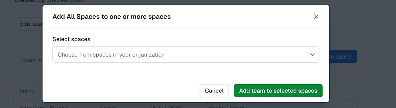 Teams: Add team to one or more spaces modal