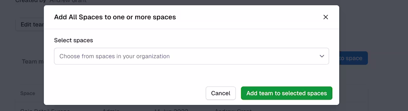 Teams: Add team to one or more spaces modal