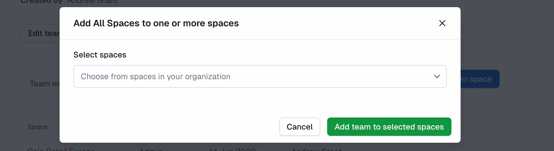 Teams: Add team to one or more spaces modal