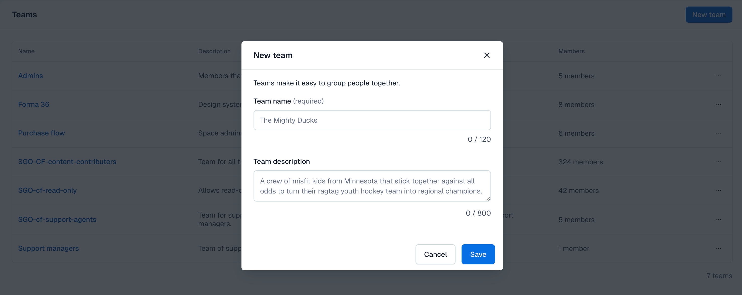 create a team - new team modal