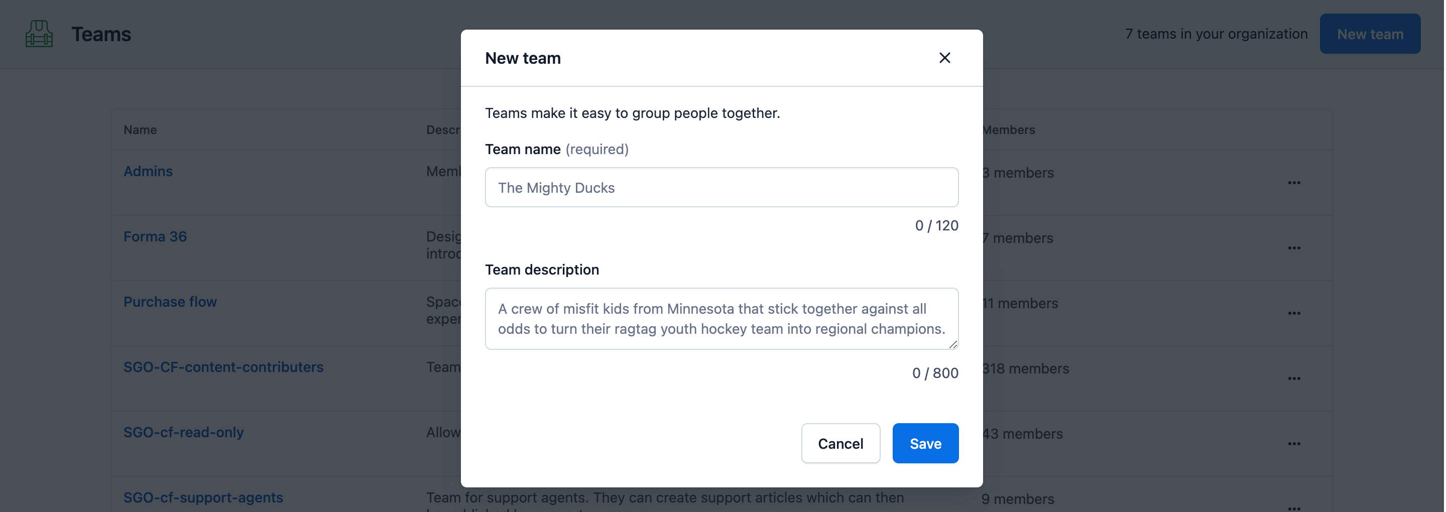create a team - new team modal