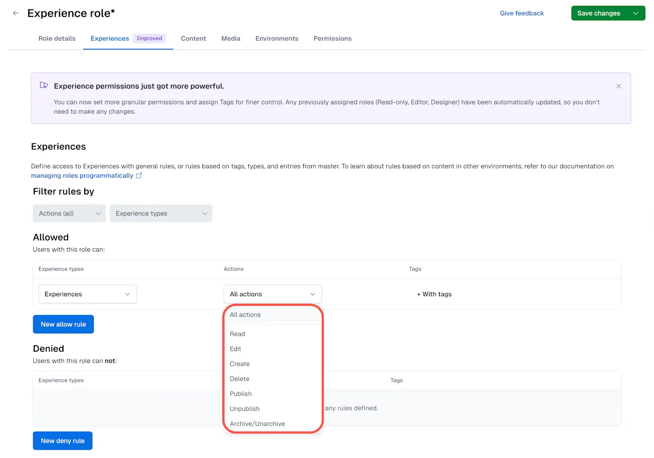 Experiences Select action
