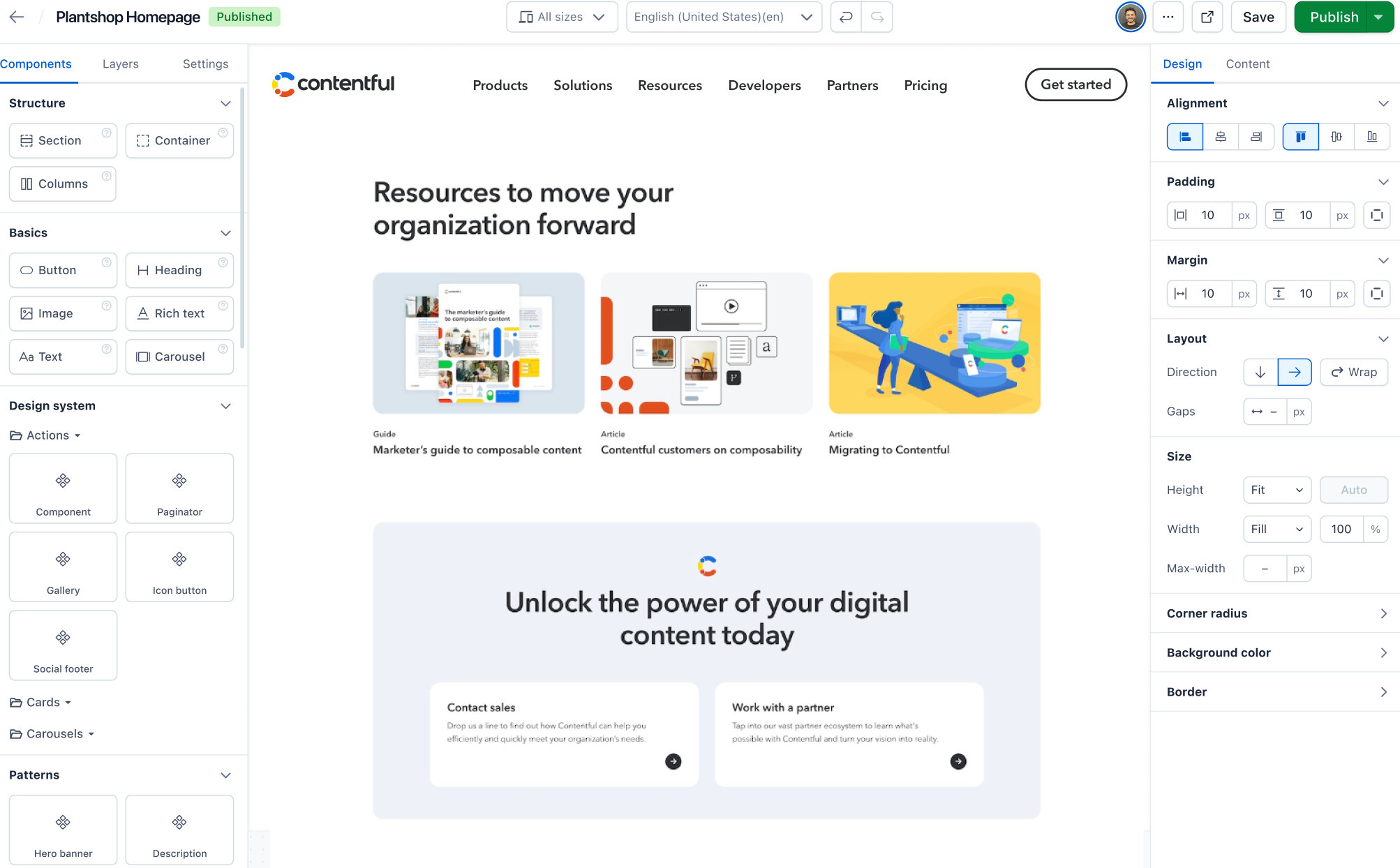 Nested patterns columns layout Contentful