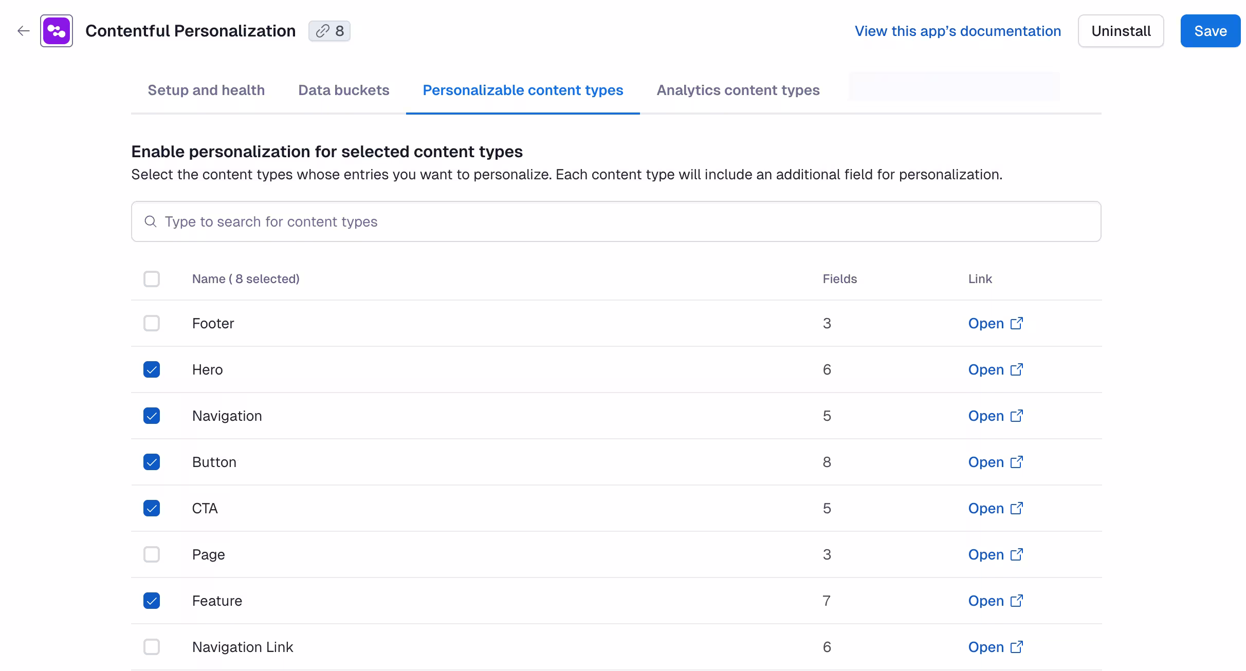 Setup and health: Personalizable content types tab