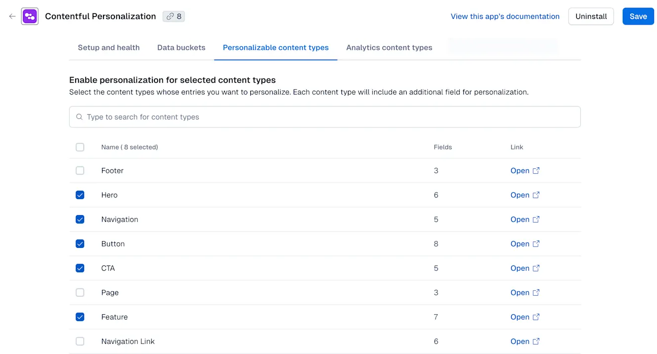 Setup and health: Personalizable content types tab