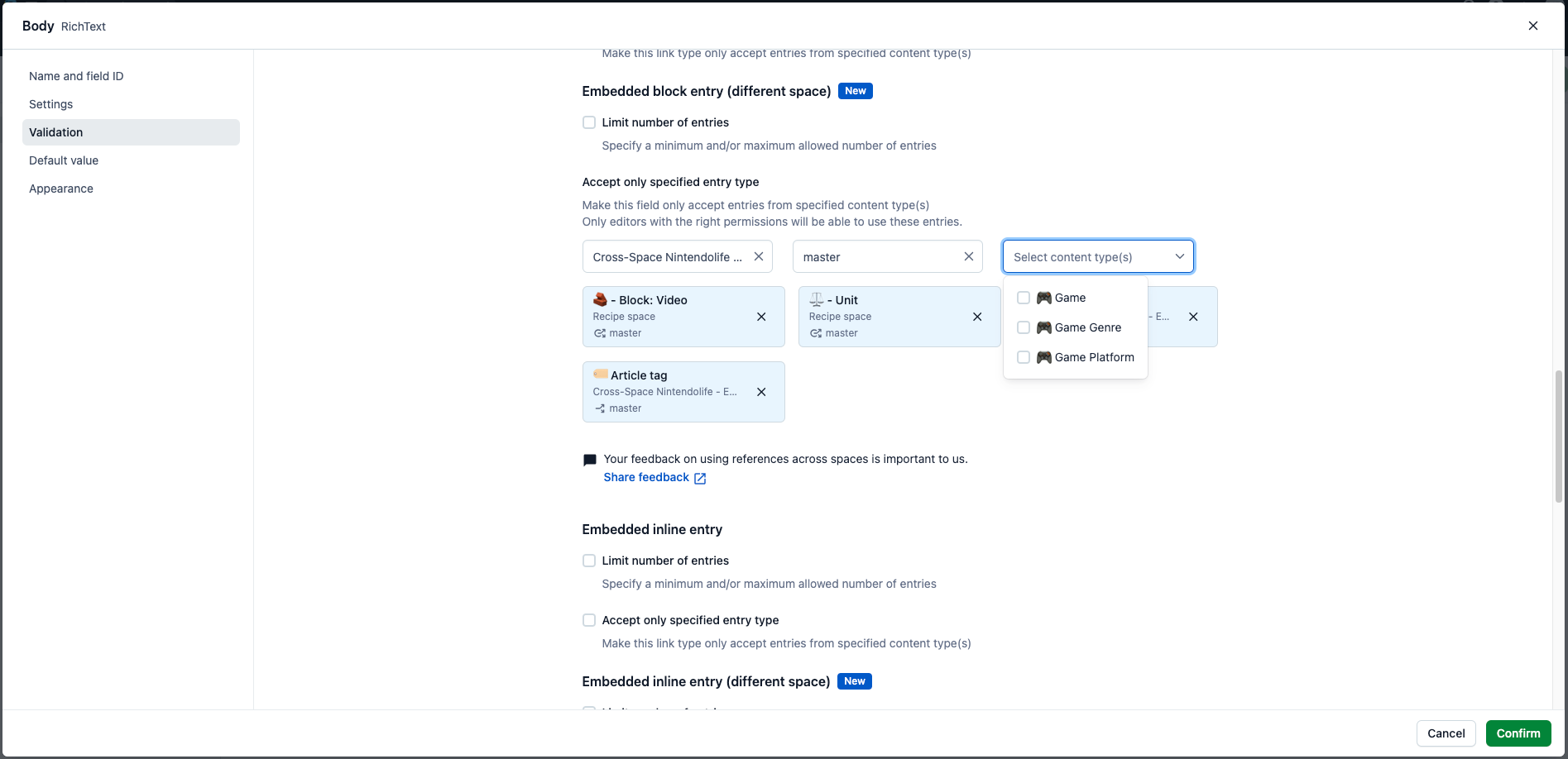 X-space references Select content type(s)