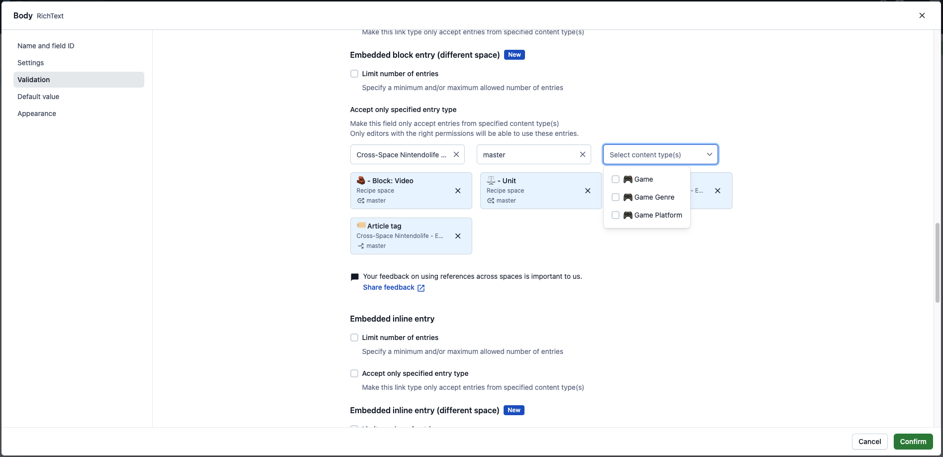 X-space references Select content type(s)