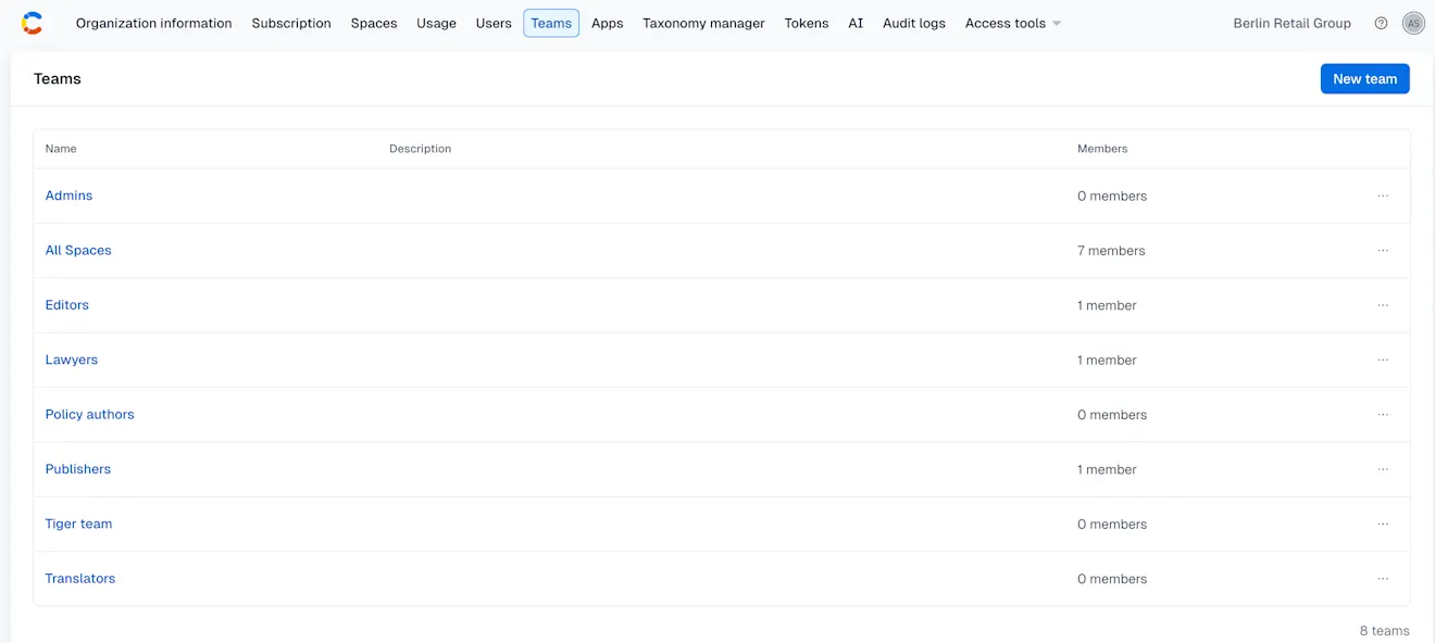 Organization settings: Teams tab