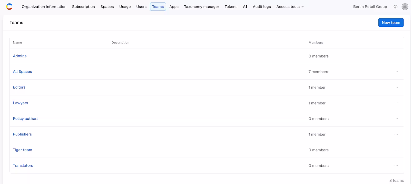 Organization settings: Teams tab