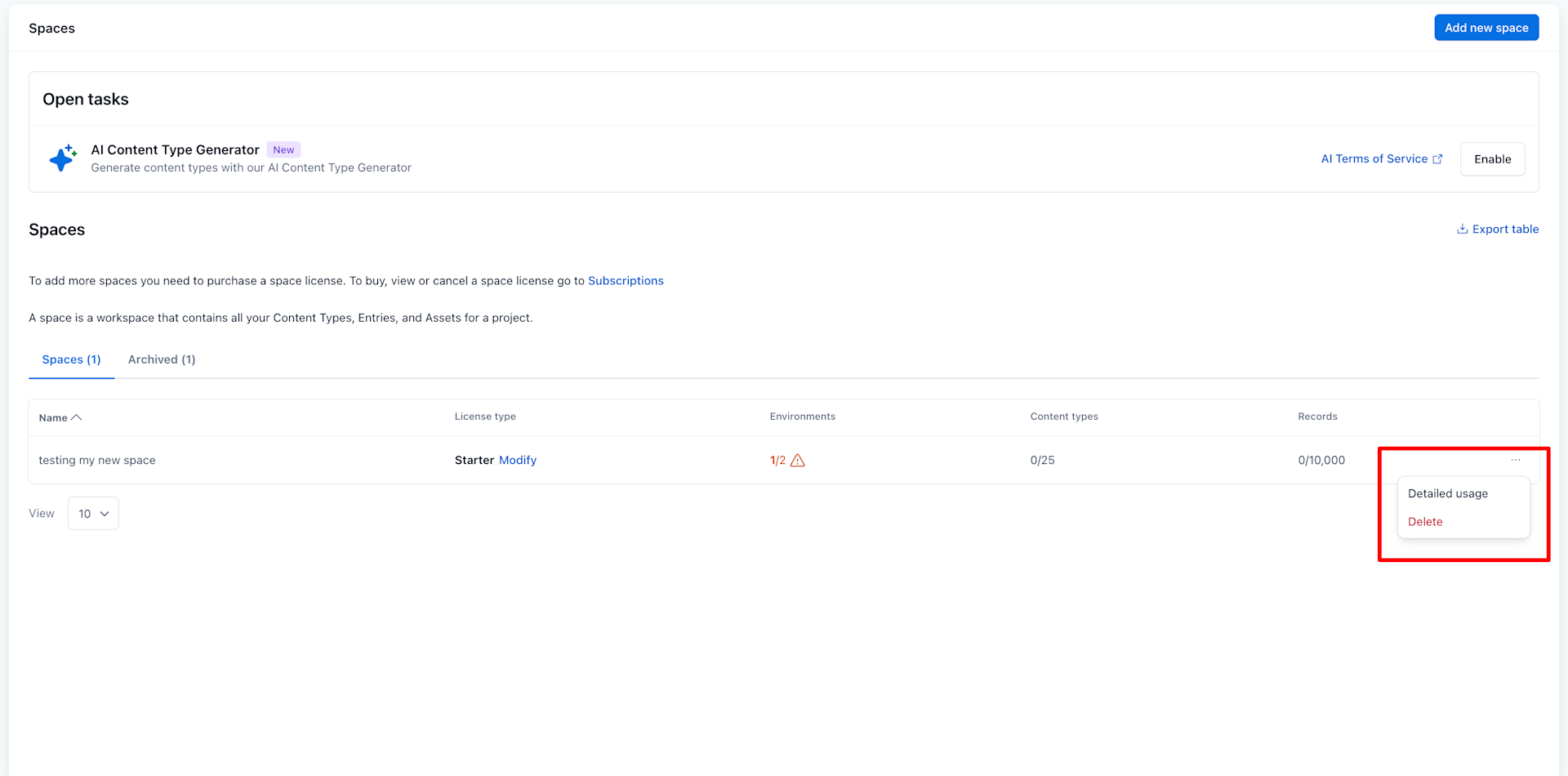 Manage spaces delete space