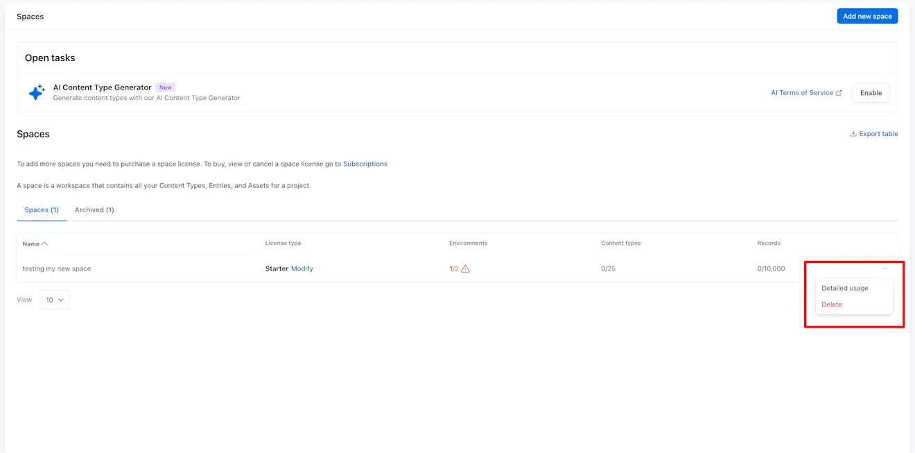 Manage spaces delete space