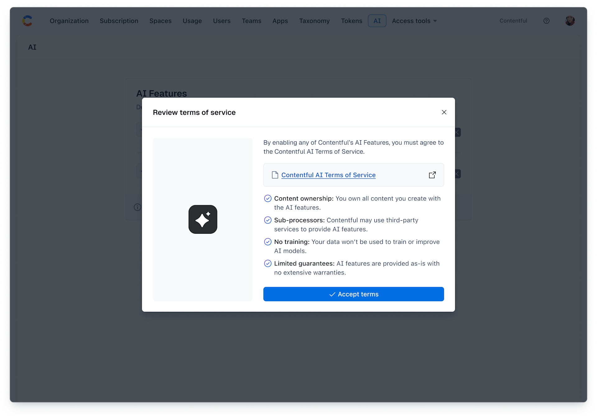 AI Actions terms of service