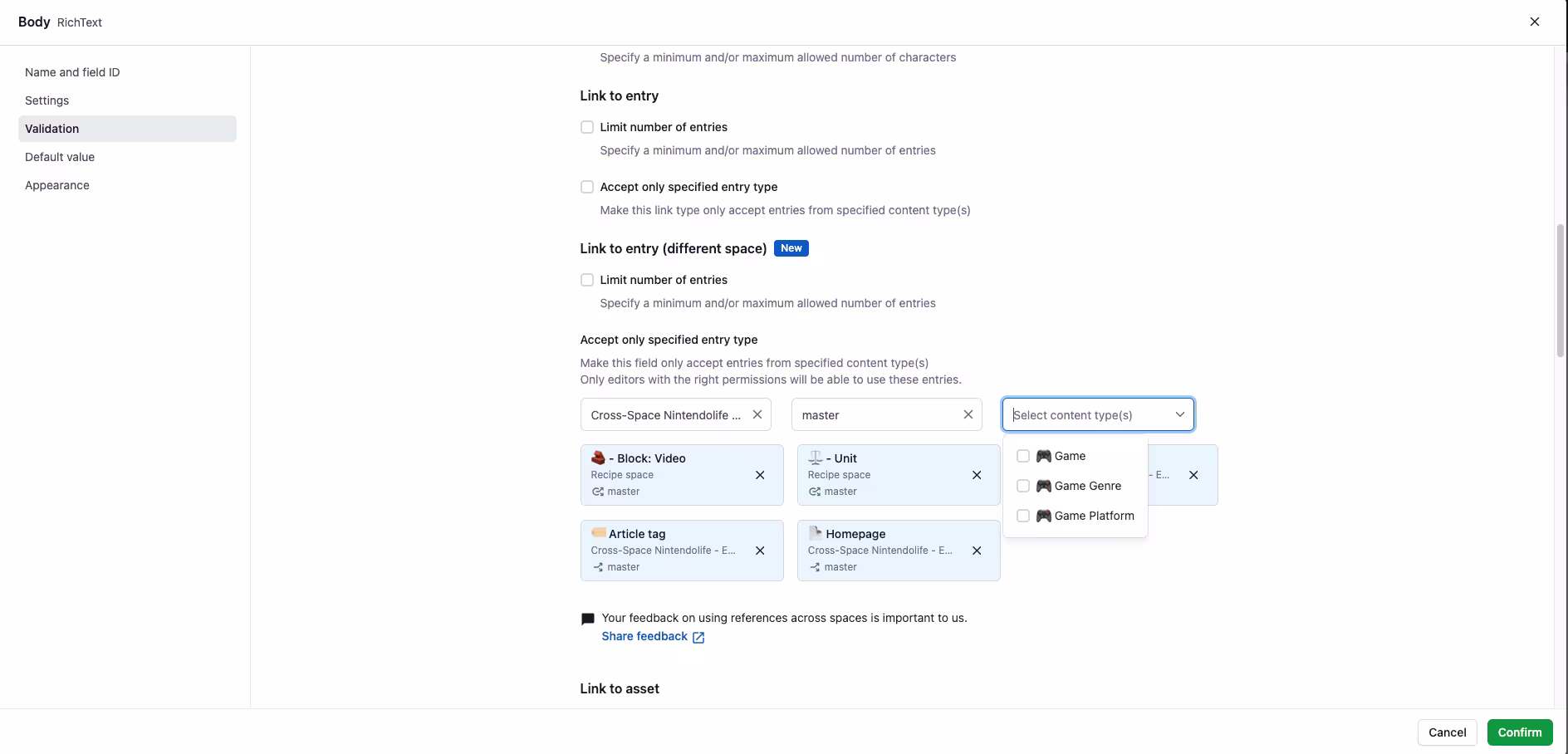 Cross-space references in Rich Text Select content type hyperlink