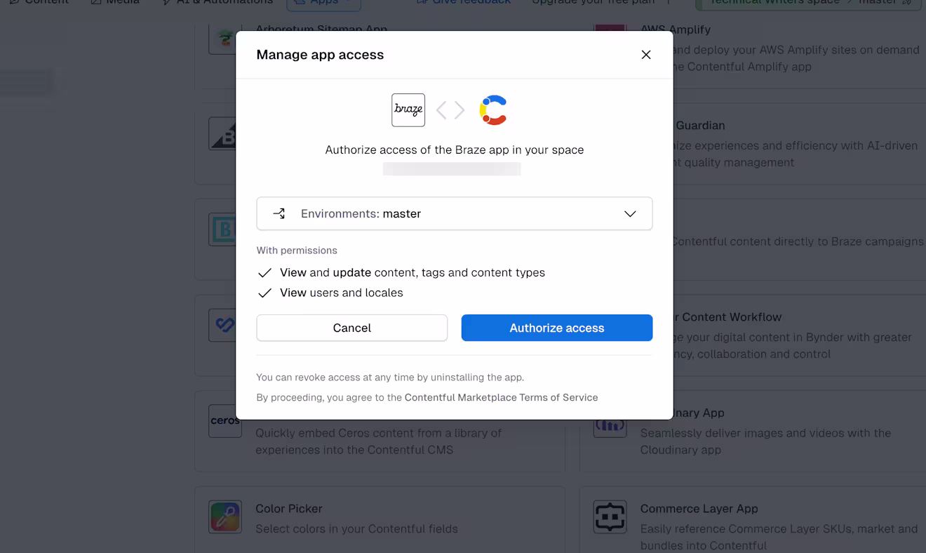The Manage app access window