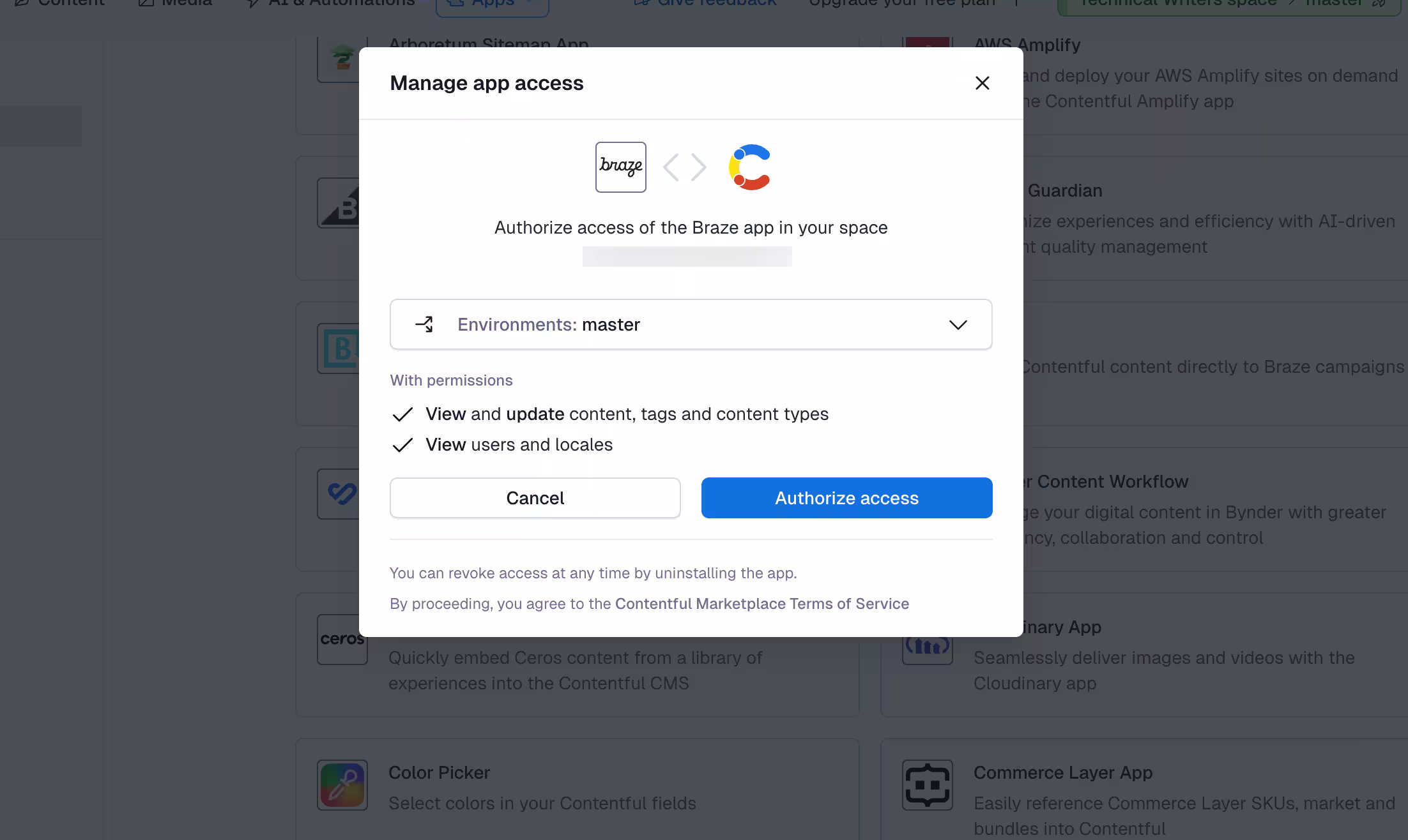 The Manage app access window