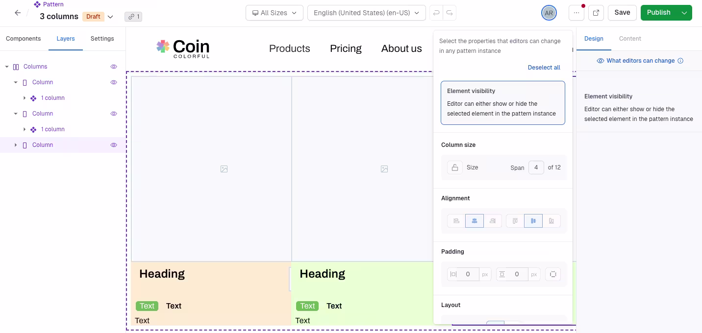 Nested patterns select editable properties