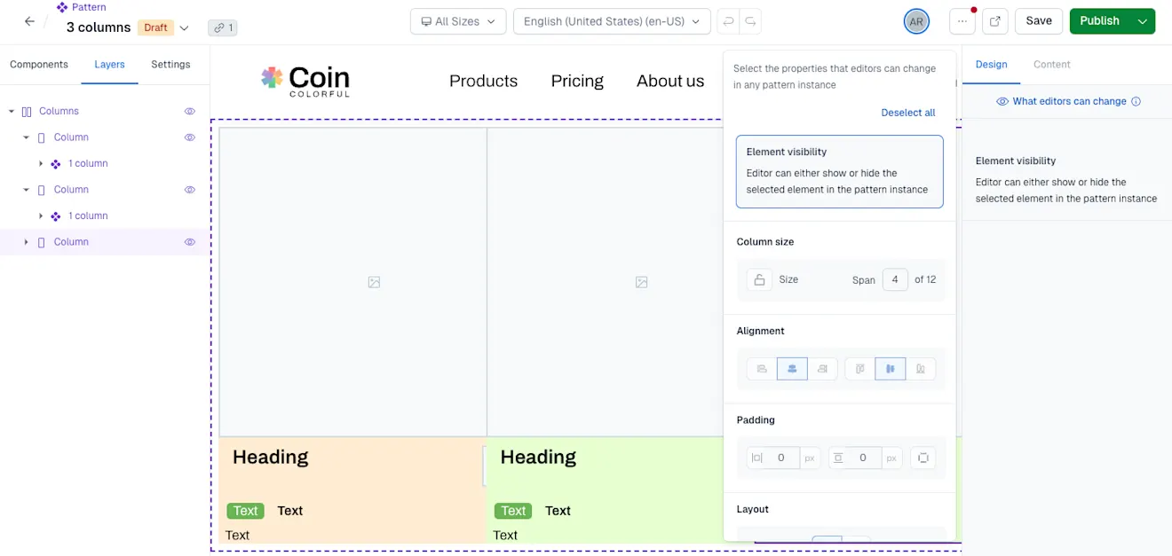 Nested patterns select editable properties
