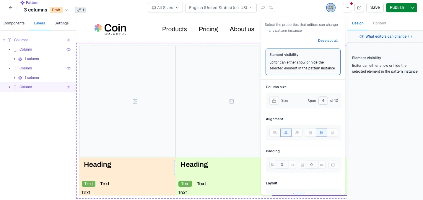 Nested patterns select editable properties