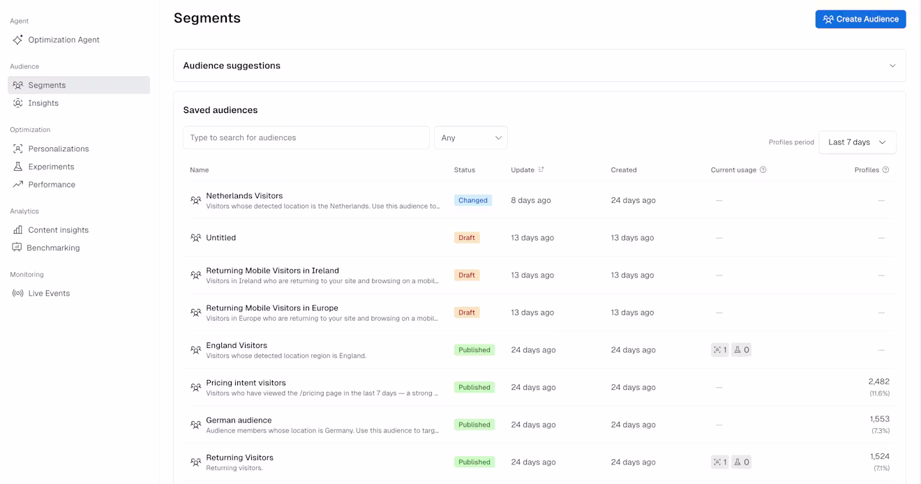 Optimization hub: Audience segments