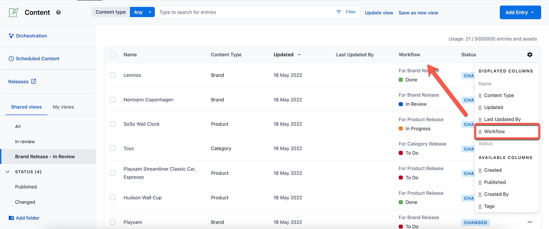 workflows available columns