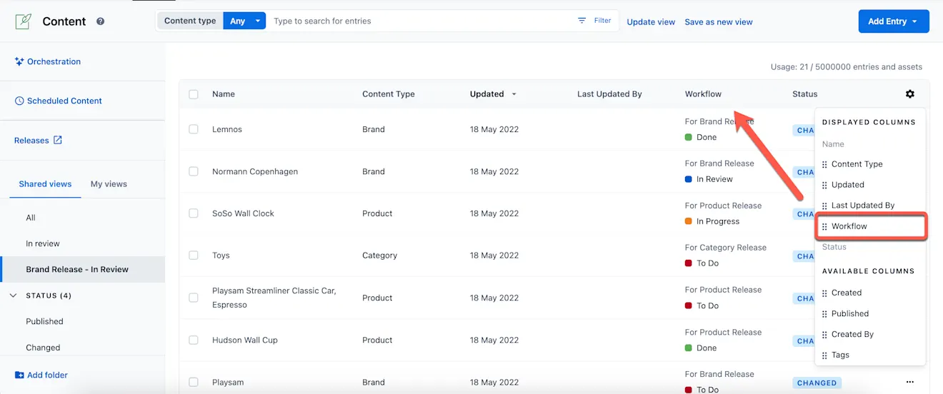 workflows available columns