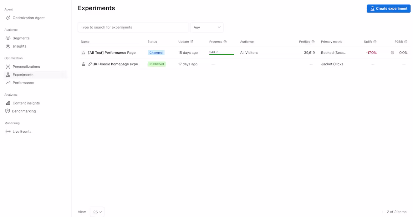 Optimization hub: Experiments page
