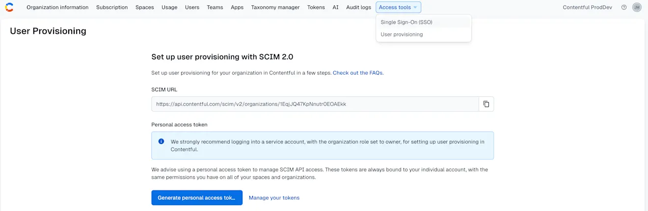 User provisioning organization settings