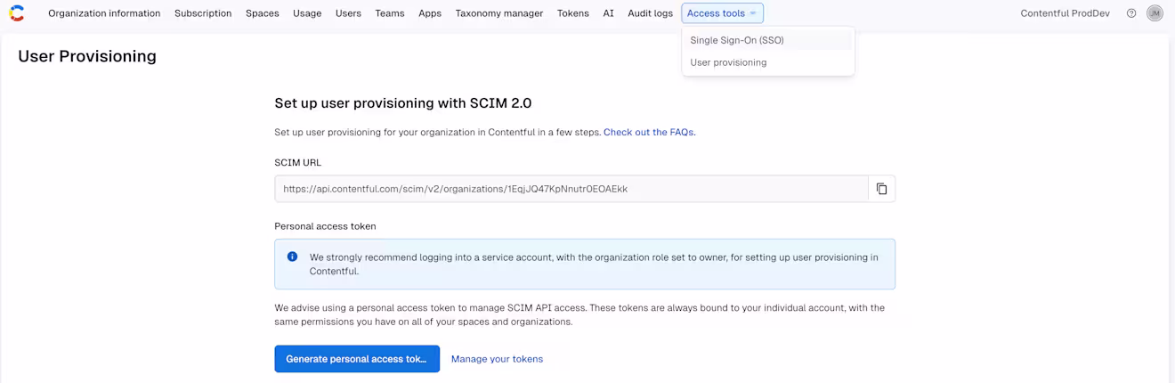 User provisioning organization settings