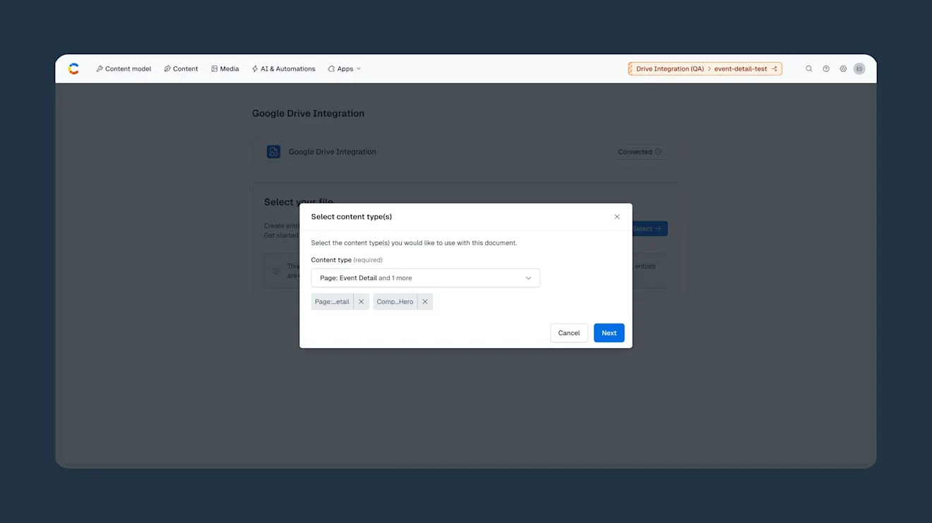 Drive Integration app select content types