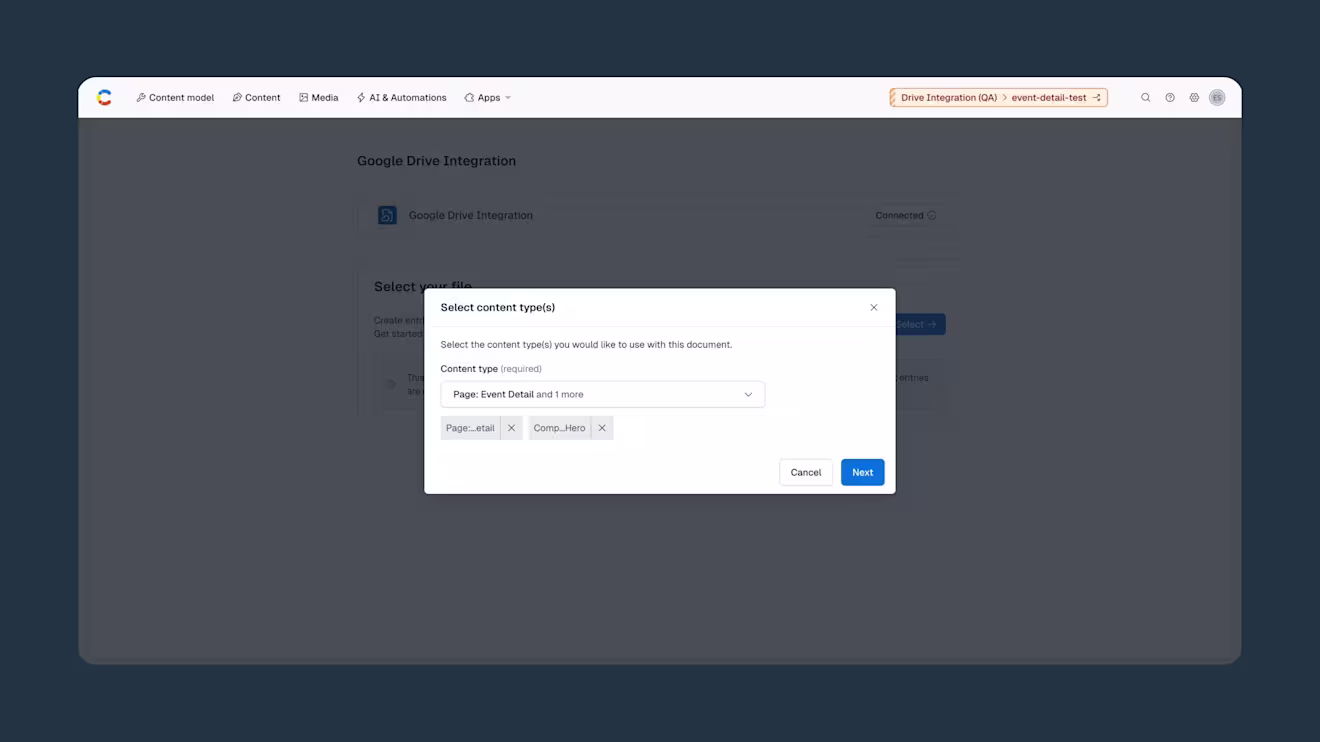 Drive Integration app select content types