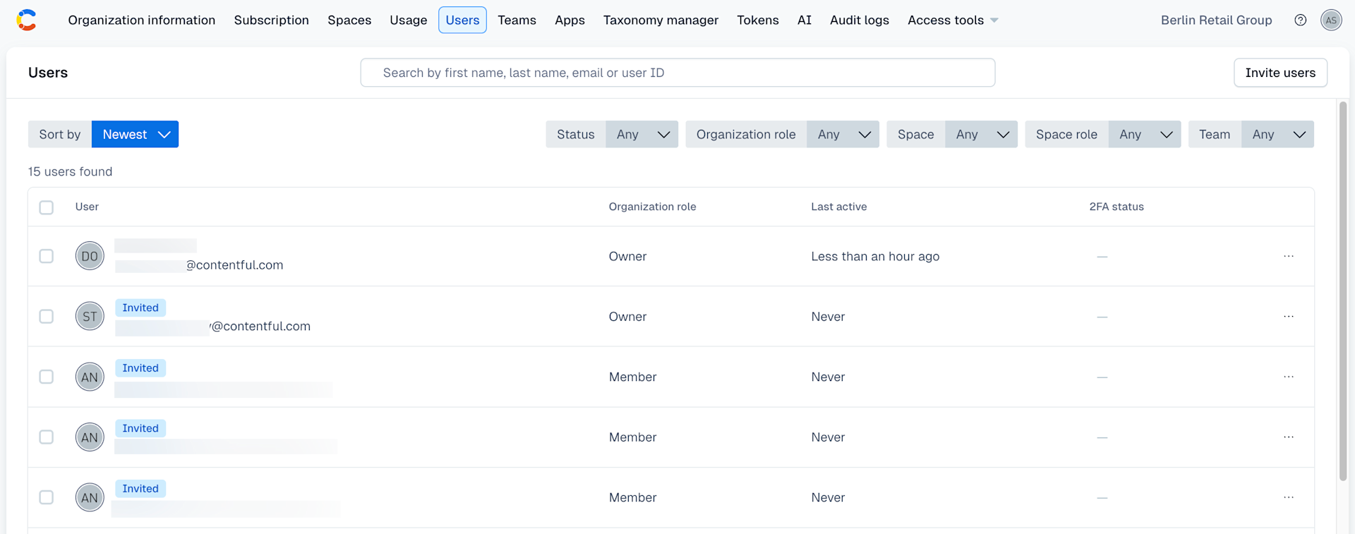 Org settings: Users tab