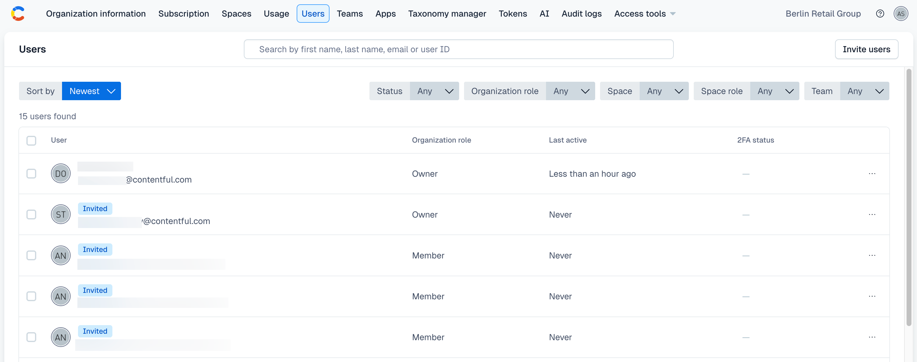 Org settings: Users tab