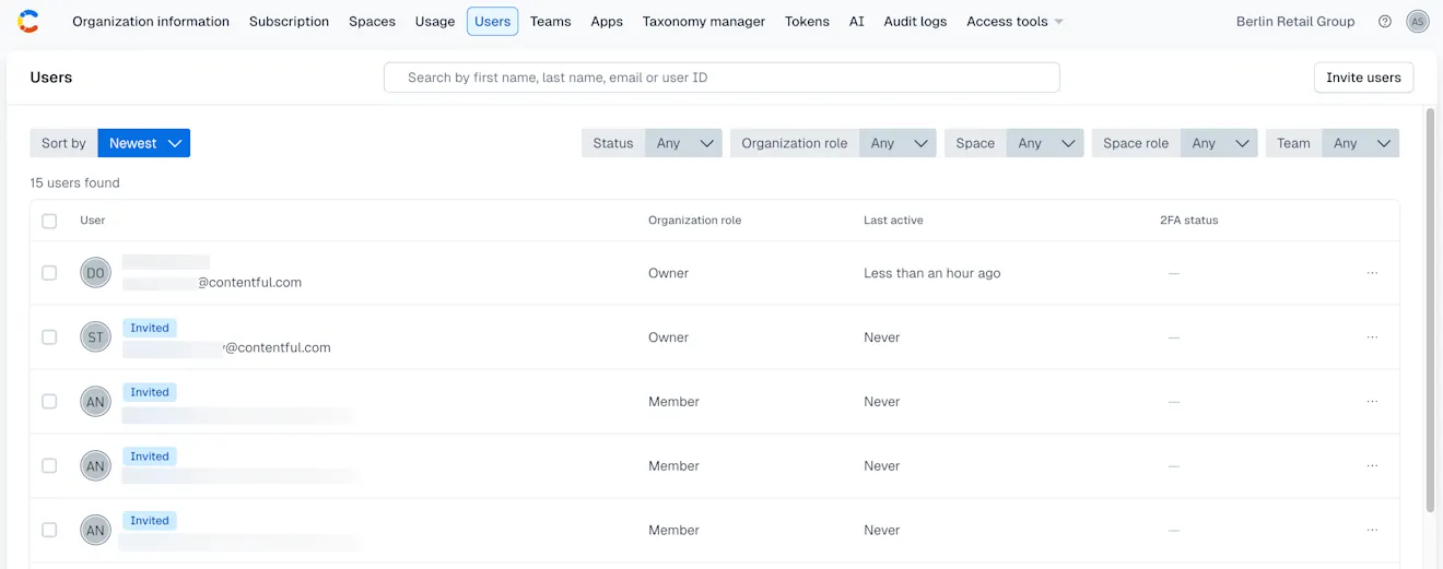 Org settings: Users tab