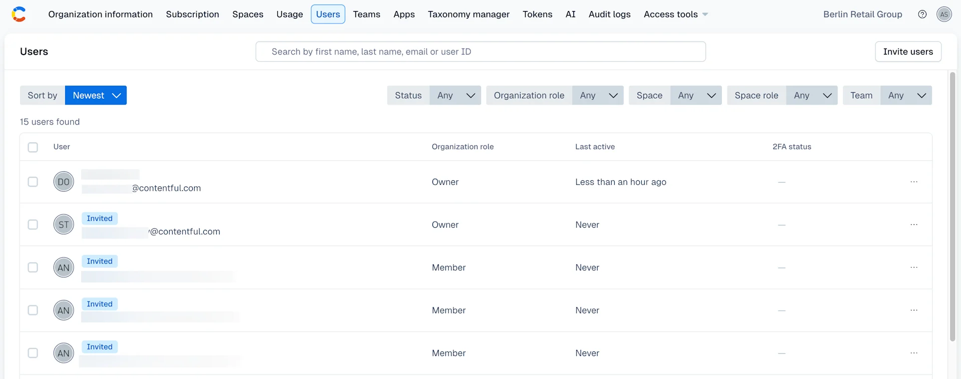 Org settings: Users tab