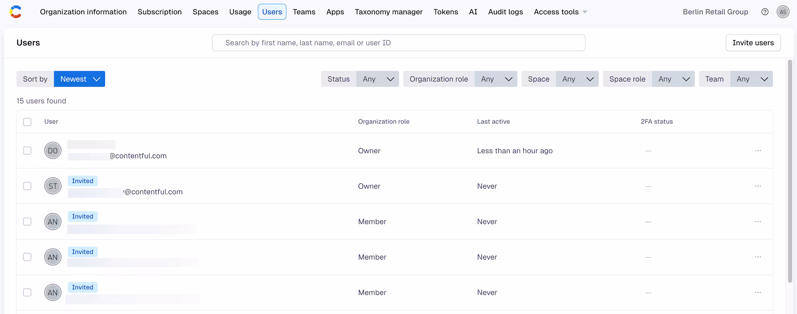 Org settings: Users tab