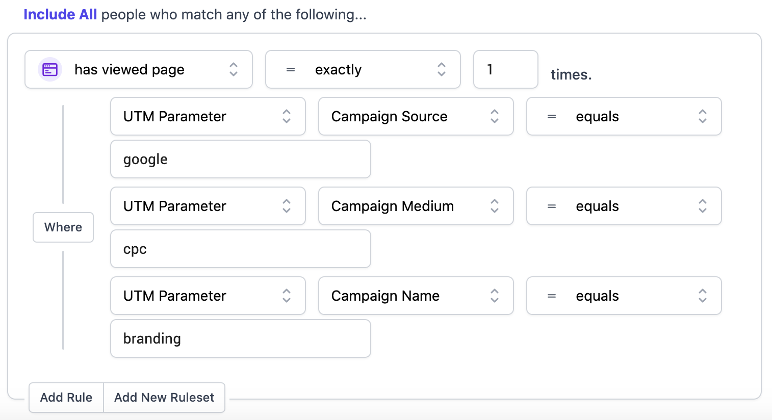 Brand campaign visitor: has viewed page rule