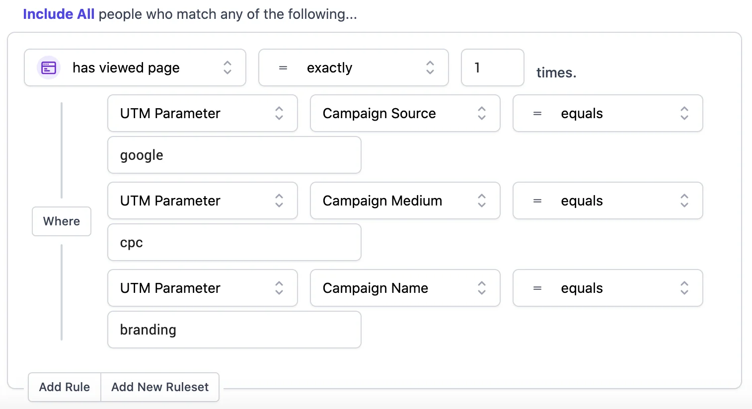 Brand campaign visitor: has viewed page rule