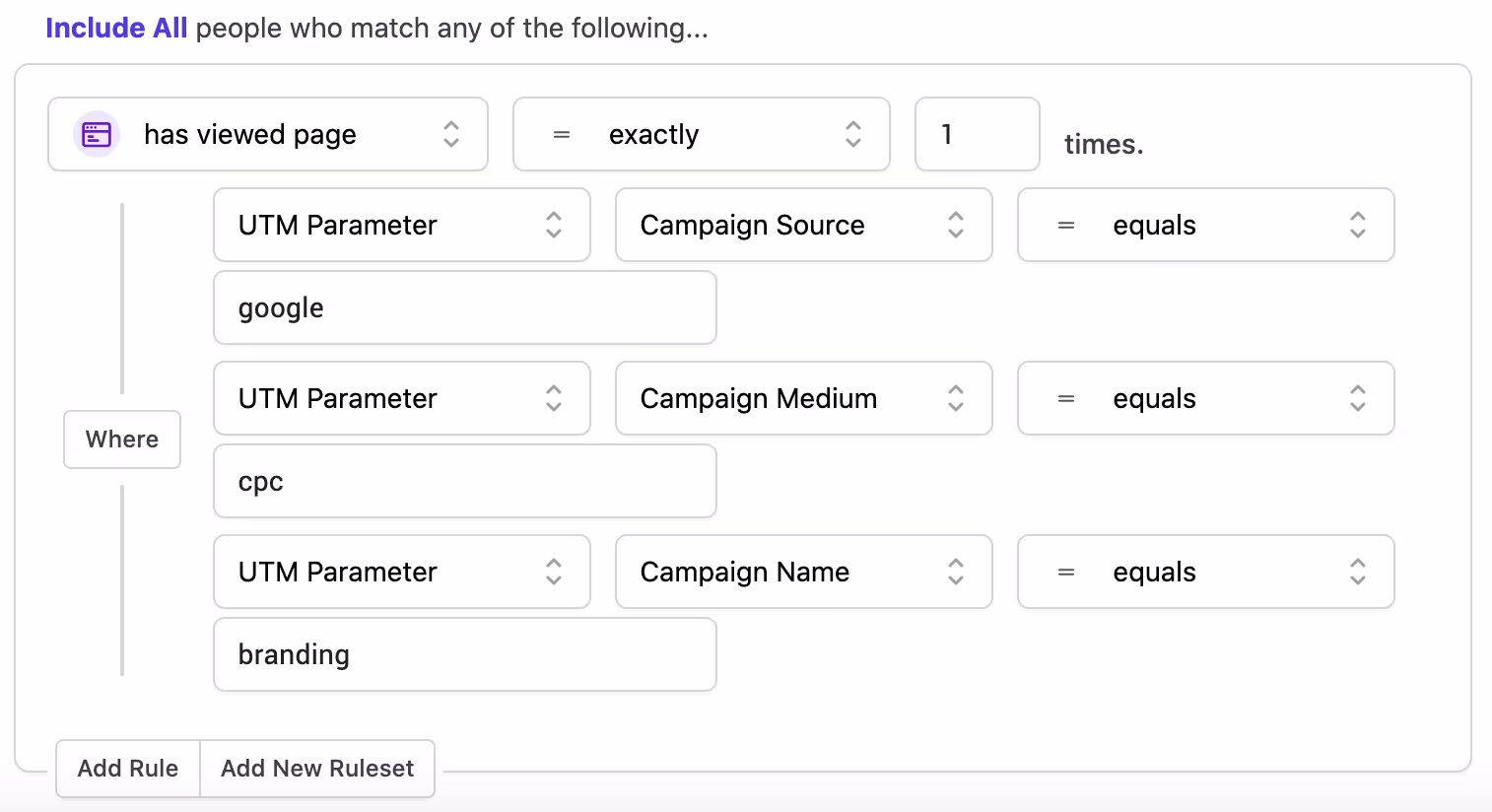 Brand campaign visitor: has viewed page rule