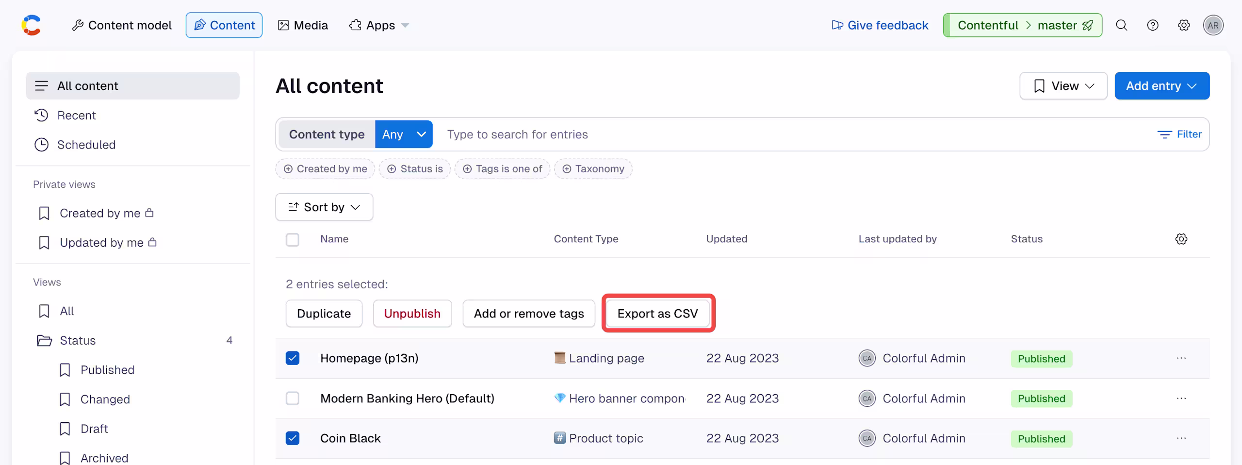 Content search export as csv