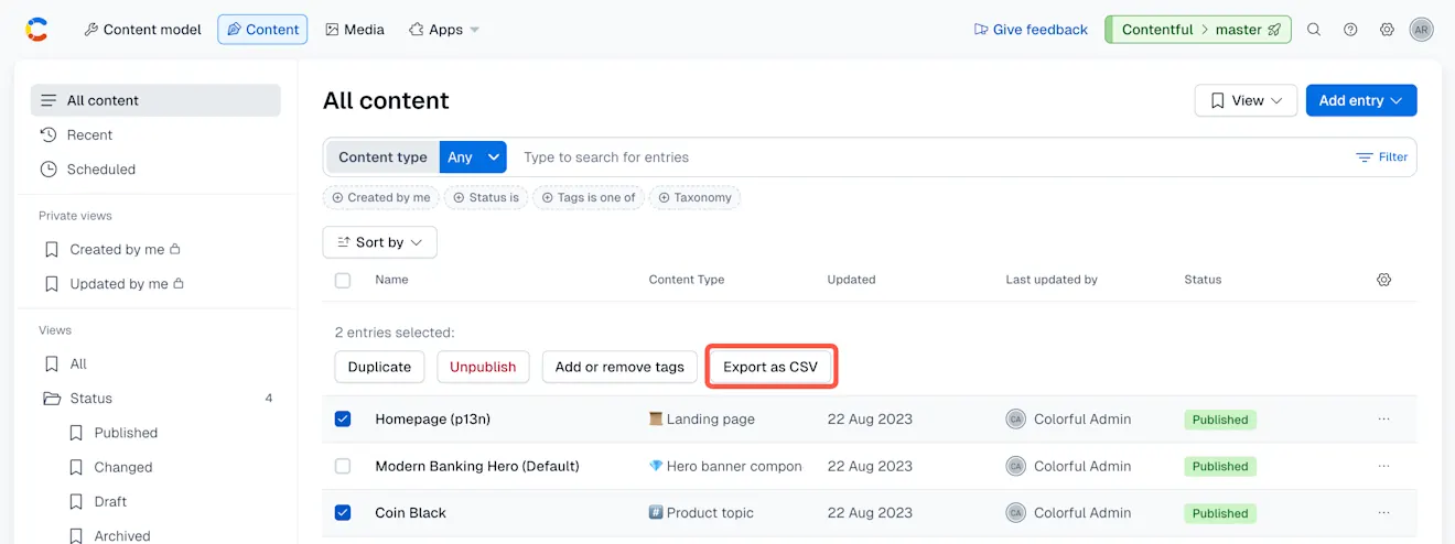 Content search export as csv
