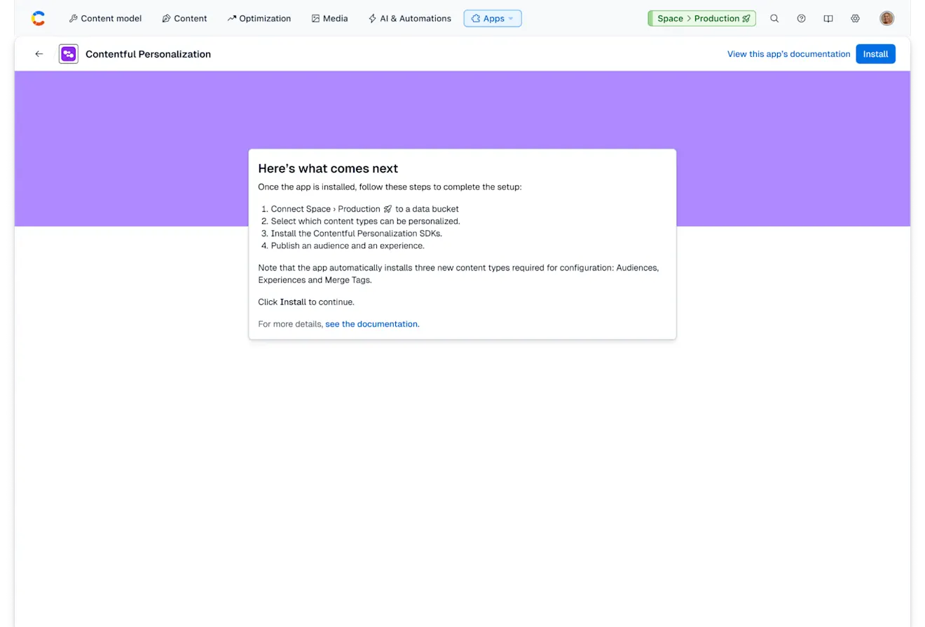 Contentful Personalization: Configuration page