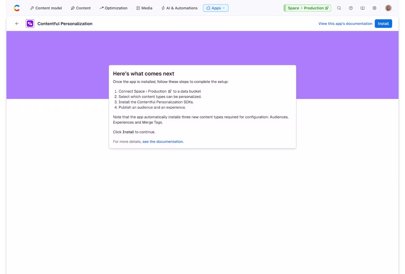 Contentful Personalization: Configuration page