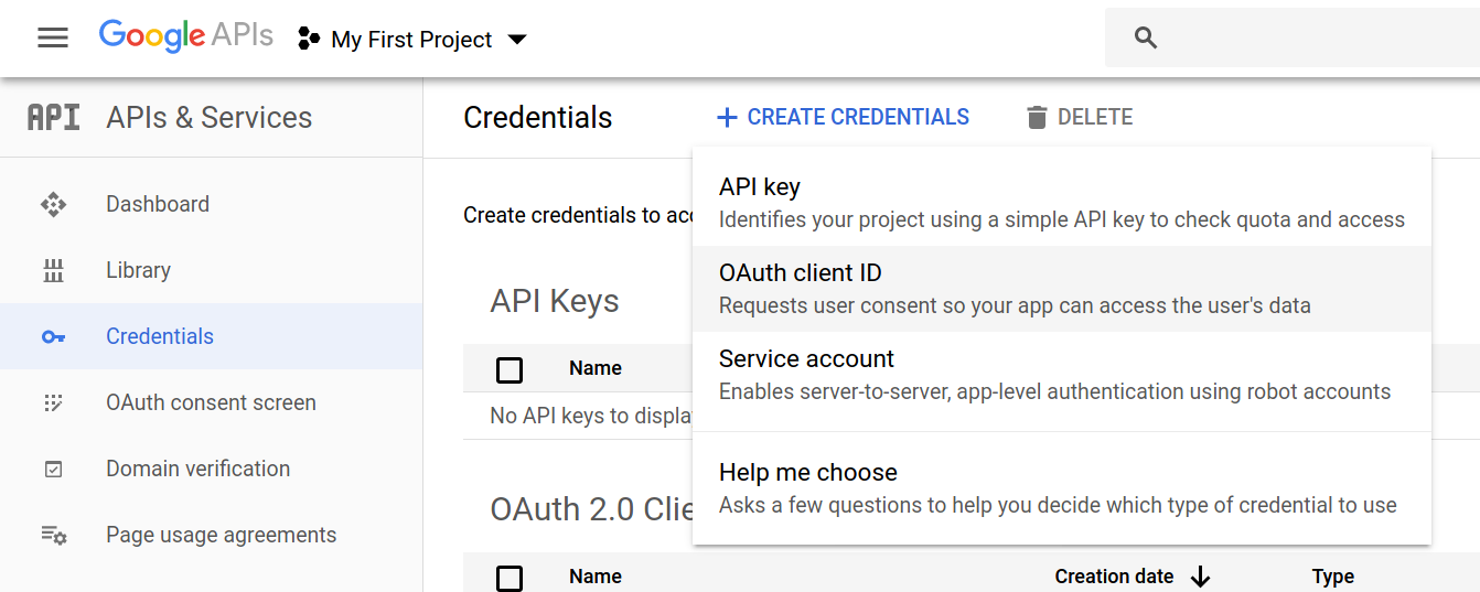 Google Analytics Create Credentials