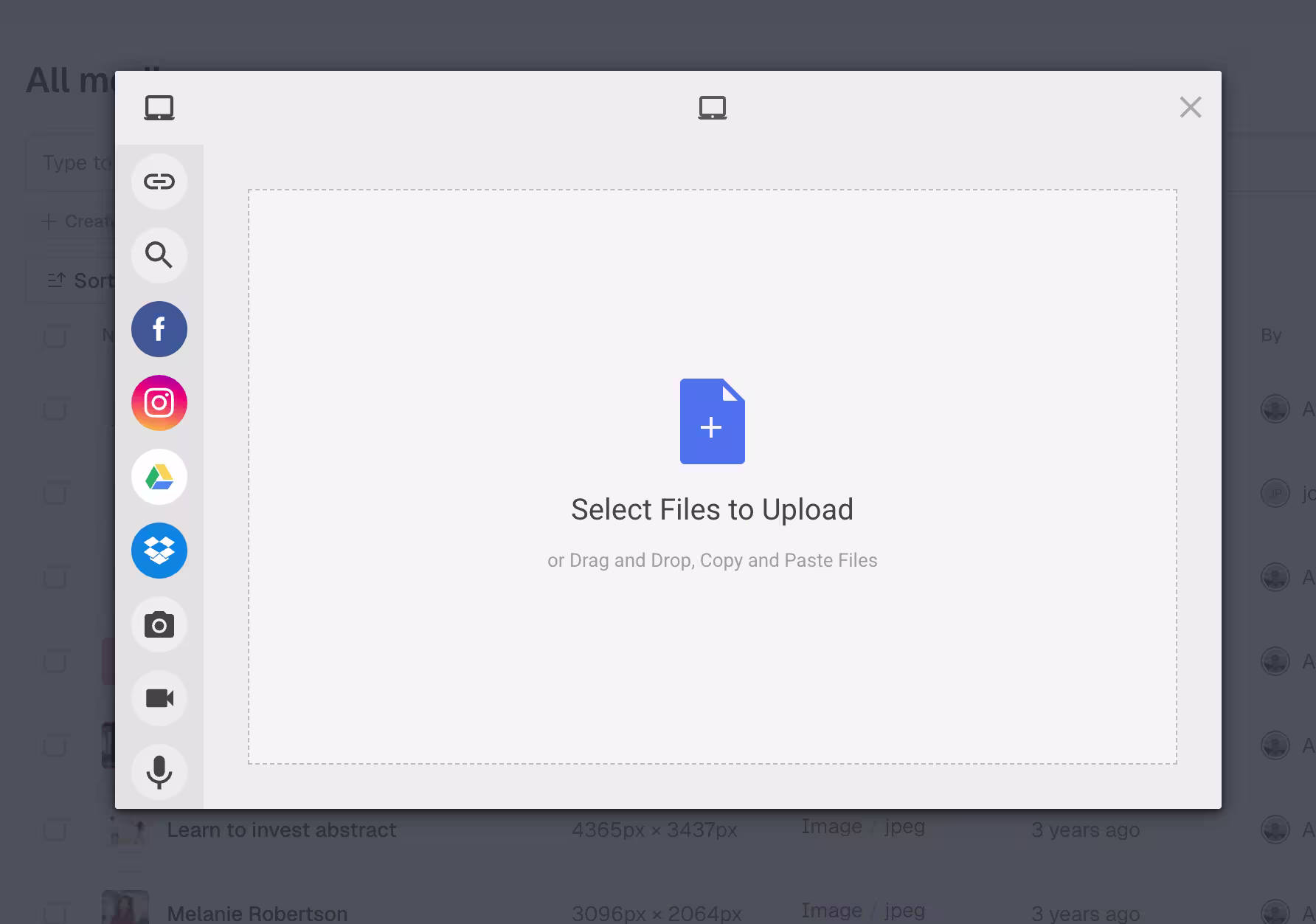 Assets: Select files to upload