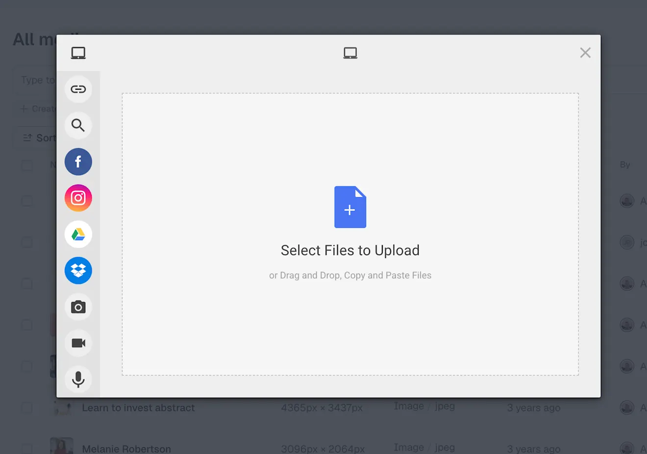 Assets: Select files to upload
