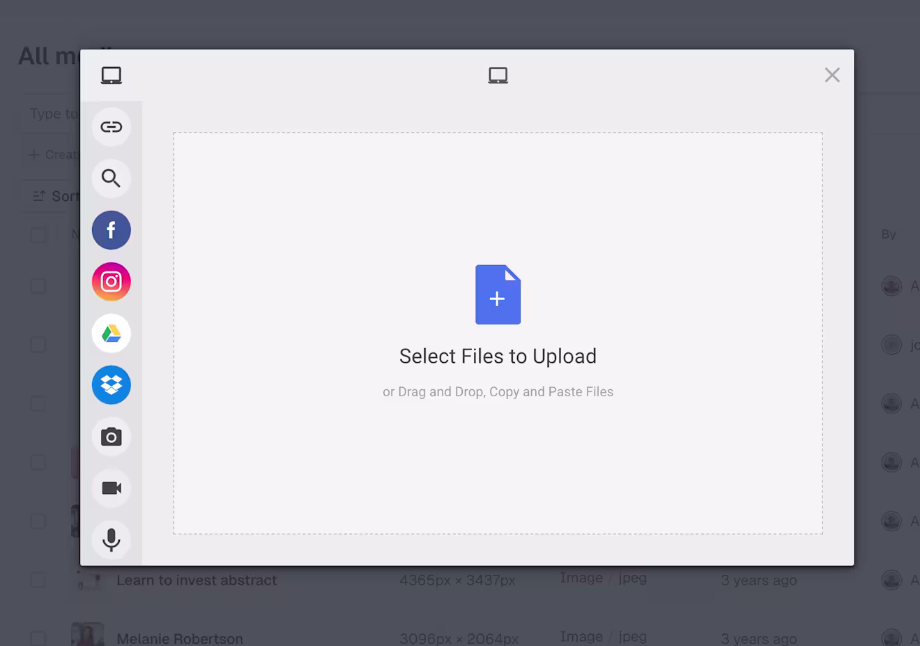 Assets: Select files to upload