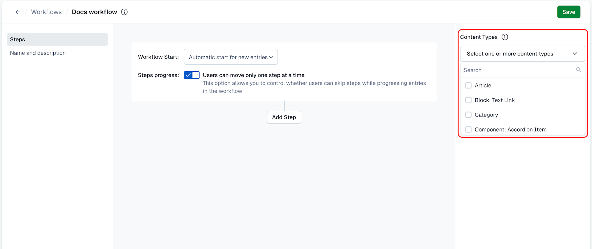 Workflows: Select content type(s)
