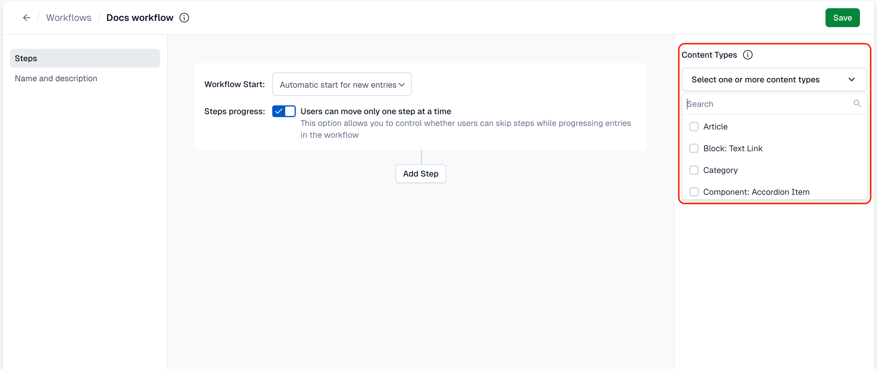 Workflows: Select content type(s)