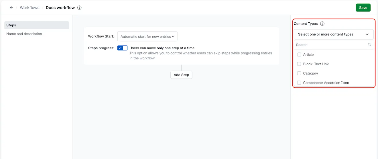 Workflows: Select content type(s)