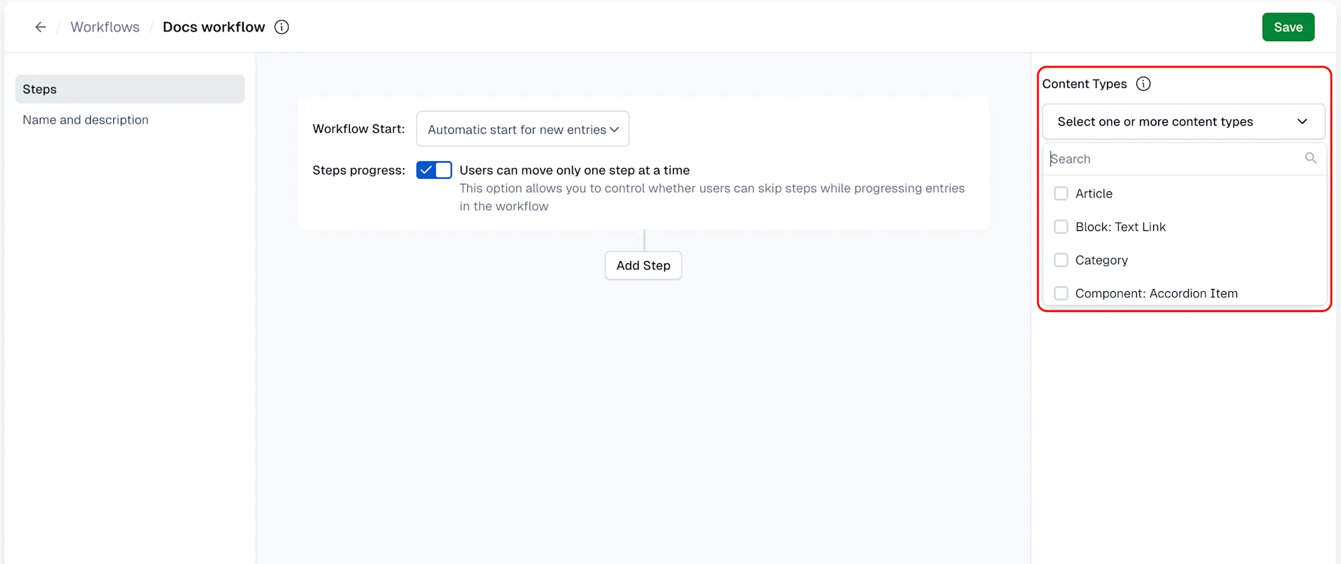 Workflows: Select content type(s)